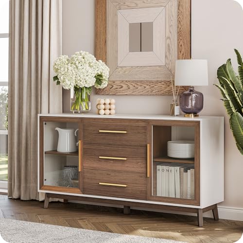 BELLEZE 60‘’ Sideboard Buffet, Console Table with 3 Drawers & 2 Glass Doors, Accent Storage Cabinet for Kitchen, Living Room Dining Room Hallway, Brown