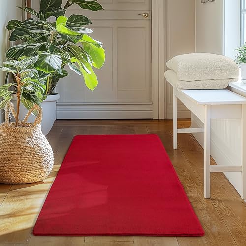 SIMPEX Tapis Runner Rouge 60x100 cm Tapis à Poils Courts Lavable, Antidérapant et Doux, Design Monochrome Moderne pour Chambre, Cuisine et Couloir