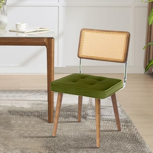 ElfinAura Natural Rattan Dining Chair, Modern Boho Kitchen Chair with Solid Wood Back & Legs, Upholstered Seat, Ideal for Kitchen or Dining Room, Velvet Green