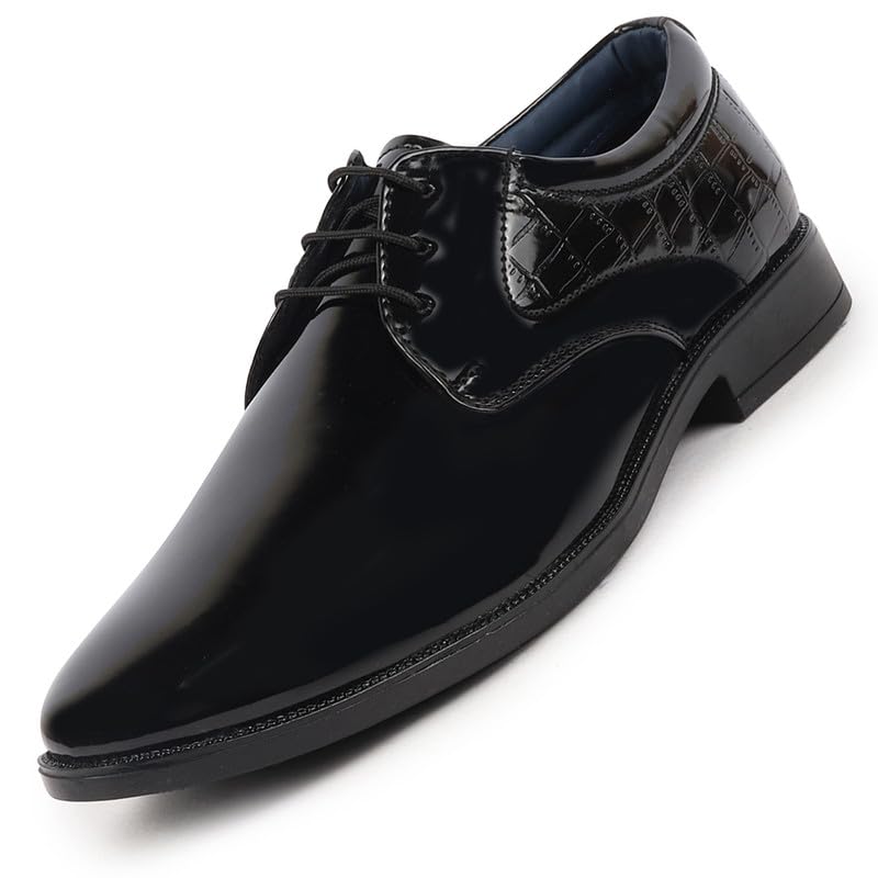 Image of FAUSTO Men's Patent Leather Party Formal Embossed Office Lace Up Derby Shoes|Classic Comfort Shoes