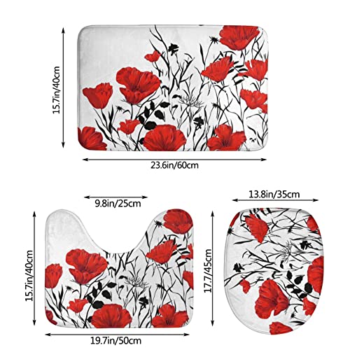 DIRYKILP Badematte + Konturmatte + Toilettendeckelbezug, rote Mohnblume 3-teiliges Badematten-Set, mit rutschfester Unterseite – Bild 4