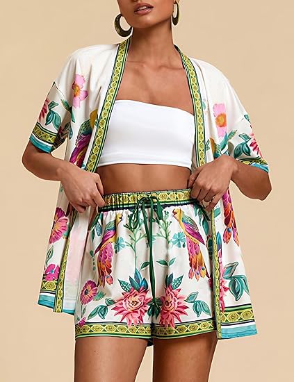Women Boho Tropical Print Beach Cover Up 2 Piece Set Summer Short Sleeve and Shorts Lounge Outfit Lightweight2