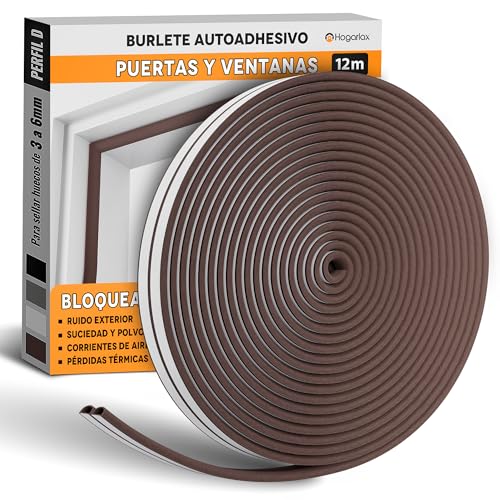 HOGARLAX 12 m, Burlete porta de entrada, fecho de janela, junta de borracha adesiva, isolamento térmico, janelas e portas, isolamento acústico, tira selada autocolante para ocos de 3 a 6 mm (castanho)
