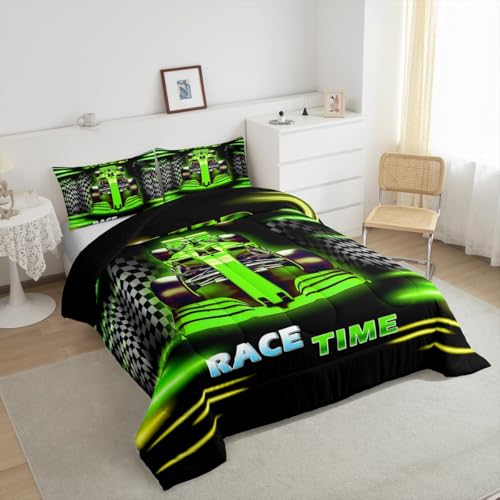 Image of Feelyou Kids Ombre Race Car Comforter Set Queen Size, Racing Sports Duvet Insert Boys Girls Karting Road Bedding Set Teens Bedroom Decor Microfiber Bed Set