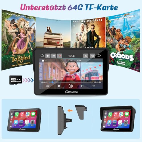 2025 Carpuride W502B Motorrad-Carplay-Bildschirm für BMW R1200GS R1250GS S1000XR Motorrad, 5 Zoll Wasserdichter Touchscreen, Tragbare Carplay/Android Auto,GPS-Navigation, Dual Bluetooth