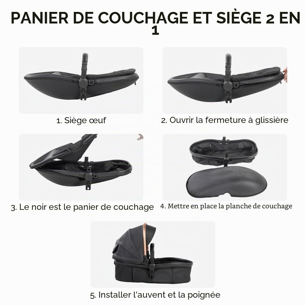 Poussette 3 en 1 pliable avec mode berceau et roues tout terrain | Dossier inclinable modulable, adapté aux nouveau-nés et tout-petits avec accessoires fournis,Noir