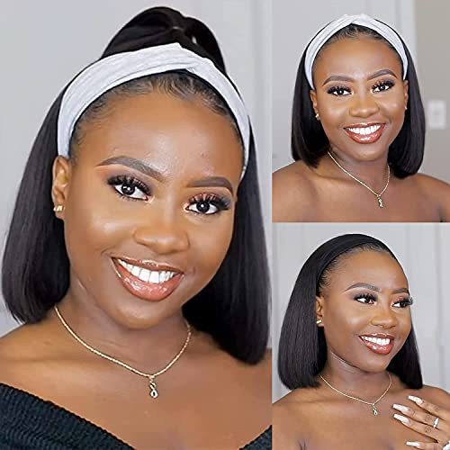 Abeauty Bob Headband Wig Human Hair 12inches Bob Headband Wigs for Black Women Brazilian Half Wig with Free Easy To Wear Straight Short Bob Hair Band Wigs for Black Women150Density Natural Color