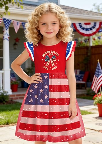 Image of Girls 4th of July Dress American Patriotic Outfit USA Independence Day Clothes Flutter Sleeve Tulle Tutu Dress 5-14y