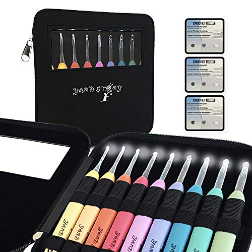 Crochet Kit, 9 Crochet Light Hooks, Lighted Crochet Needles Set - Led Crochet Hook Set with Ergonomic Handle, Crochet Hook Case and 9 Extra Batteries - 9 Knitting Needles from 2.5mm to 6.5mm (Black)
