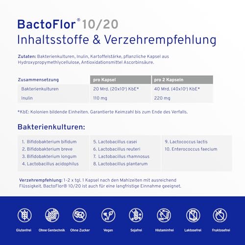 BactoFlor® 10/20 - Probiotika für Darmkur hochdosiert 100 Kapseln - Darmbakterien zur Darmsanierung & Darmflora Aufbau - 20 Bakterienstämme für den Darm - 2000 Mrd KBE/Pack. - laktosefrei, glutenfrei