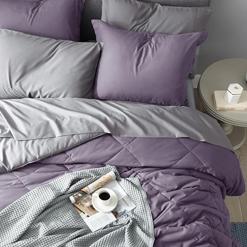Image of Bedsure Twin XL Comforter - 5 Pieces Reversible Grayish Purple Bed in a Bag, Twin XL Bedding Comforter Set College Dorm Essentials with 1 Flat Sheet, 1 Fitted Sheet, 1 Pillowcase and 1 Pillow Sham