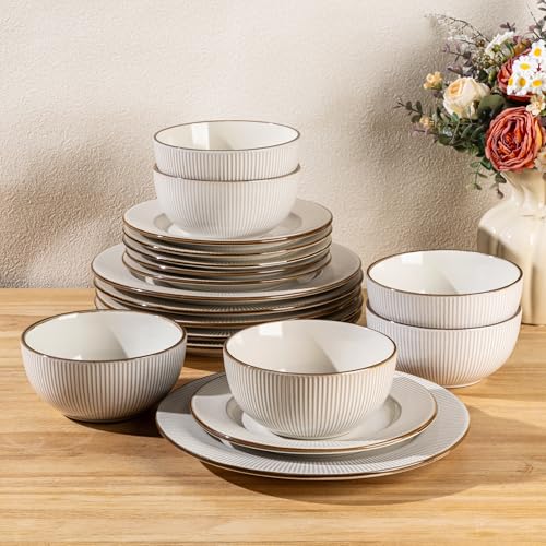 Image of GBHOME Ceramic Dinnerware Sets,18 pcs Embossed Elegant Stoneware Plates and Bowls Sets, Housewarming Wedding Gift | Dishwasher & Microwave Safe | Dishes Set Service for 6