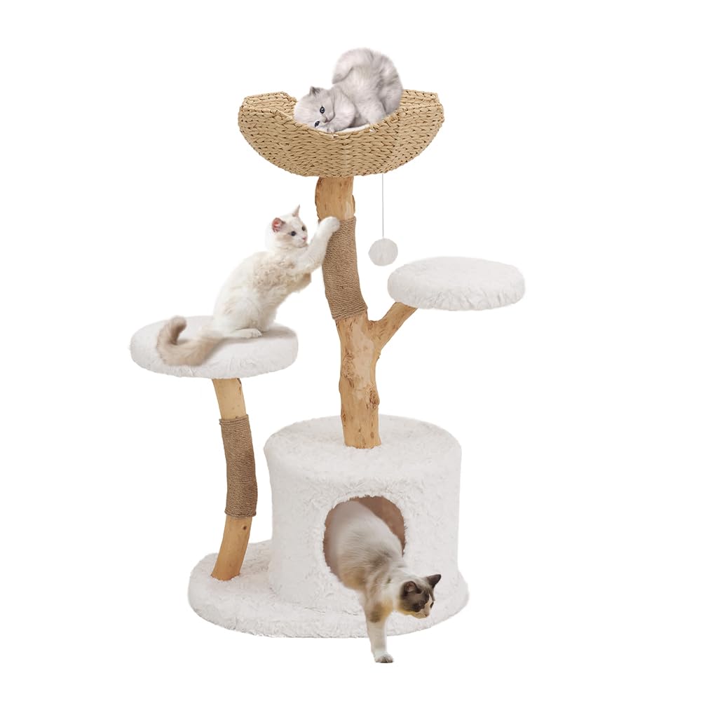 Unipaws Modern Cat Tree Tower for Small and Large Cats, Real Solid Wood Branch Luxury Cat Condo with Scratching Post and Cat Bed, Indoor Furniture for Cat Lover Gifts