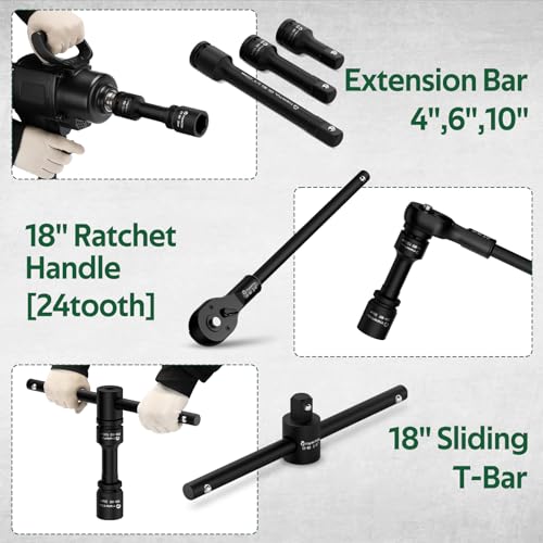 Image of 3 /4 Inch Drive Impact Socket Set, 20 Pcs Metric 17mm to 55mm | Heavy Duty CR-MO Steel, 24T Ratchet Wrench, 18 inch Sliding T-Bar & Extension Bars, Metal Storage Case for Truck, Tractor Repair