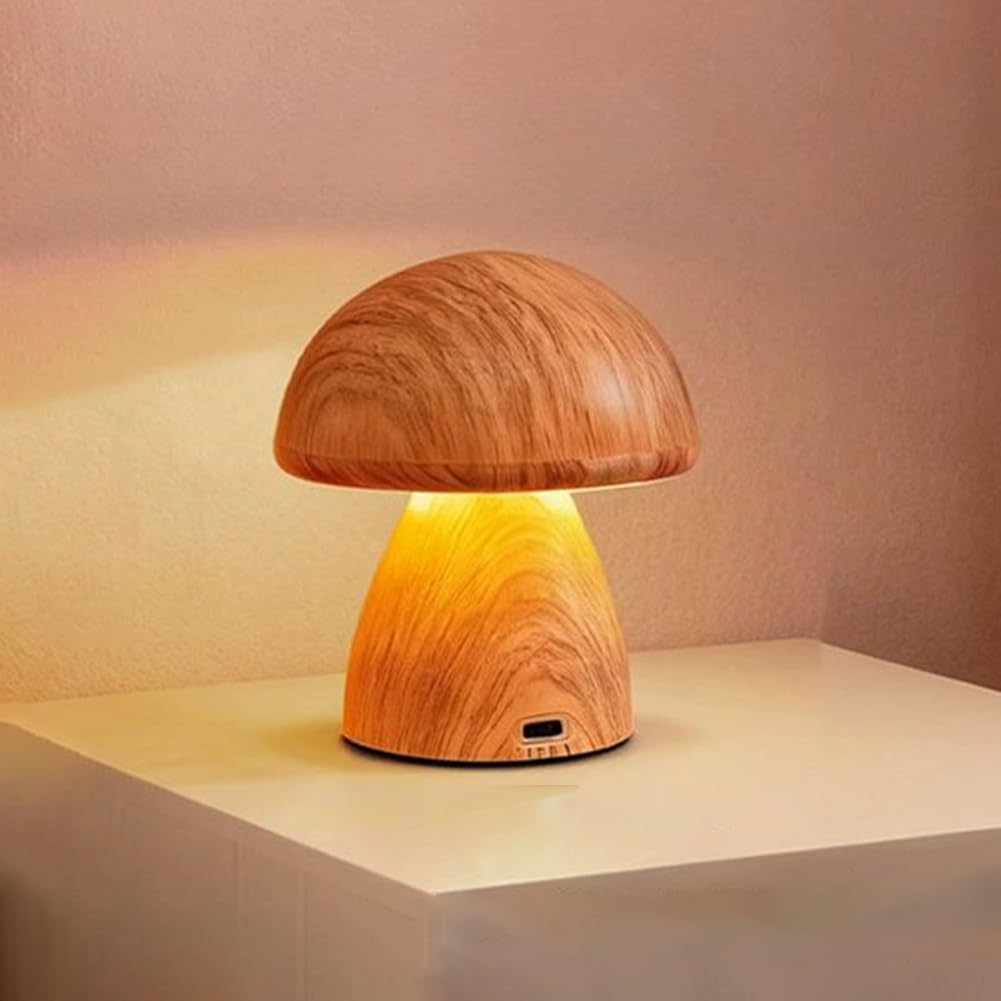 LOGT LED Mushroom Table Lamp, Wooden, Rechargeable, Bedside Lamp, Battery-Powered, USB Rechargeable, Mushroom Light, Wireless, Dimmable, Touch Switch, Table Light, Modern Children's Lighting,B
