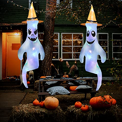 Colminsen 43\" 2021 Halloween Ghost Windsocks with Witch Hat LED Light Hanging Decorations - Flag Wind Socks for Home Yard Outdoor Decor Party Supplies (2 Pieces)
