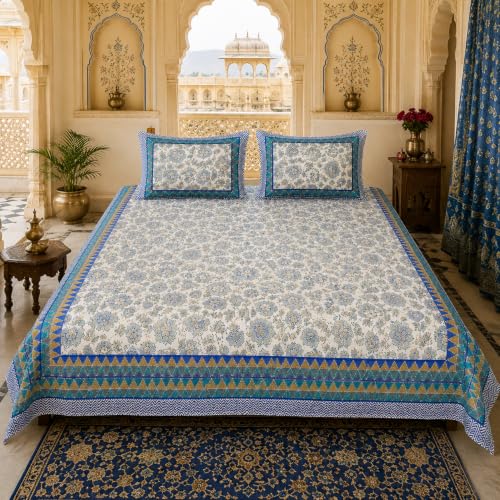Image of Authentic Jaipuri Print King Size Bed Sheet Set (93 inch x 108 inch) Breathable Cotton | Deep Pocket Fits Up to 18 inch Mattress | Blue Floral Design with 2 Pillow Covers