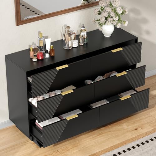 Image of Gyfimoie 47.24 inch Wide Dresser for Bedroom, 6 Drawer Black Dresser with Gold Metal Handle & Fluted Design, Chest of Drawers with Sturdy Base, Wood Dressers for Bedroom, Living Room, Hallway