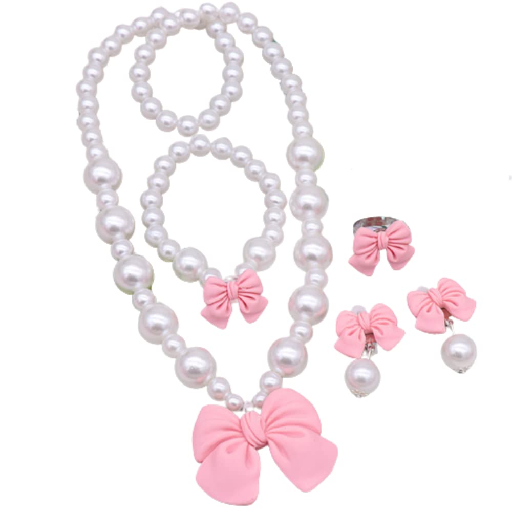 SYGA Childrens Girls Necklace Earring Bracelet Ring Set Jewelry Bow Pearl Necklace Bracelet Set For Kids, Girl, Gift, Party (Link Pink 4 Pieces) (B0B7733S2T) Amazon Price History, Amazon Price Tracker
