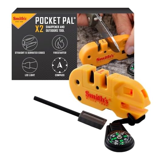 Smith’s 50364 Pocket Pal X2 Sharpener & Outdoors Tool – Yellow – Coarse and Fine – LED Light – Fire Starter – Signal Whistle - Compass