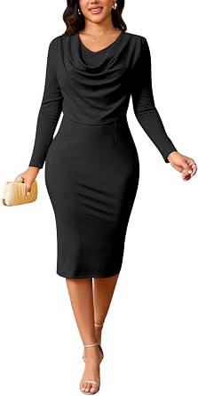 shengfan Womens Elegant Business Bodycon Dress Church Long Sleeve Wrap Pencil Wear to Work Midi Dresses
