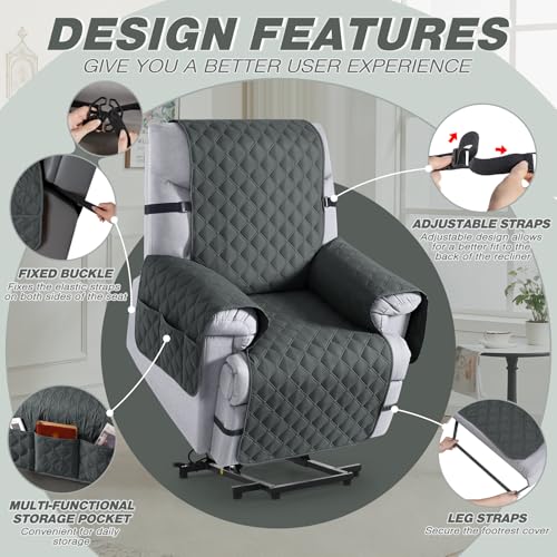 Image of TAOCOCO 100% Waterproof Recliner Covers, Recliner Sofa Covers with Leg Straps, Reversible Recliner Couch Cover for Reclining Chair, Washable Couch Protector for Pets Kids(1 Seater 28 inch, Dark Gray)