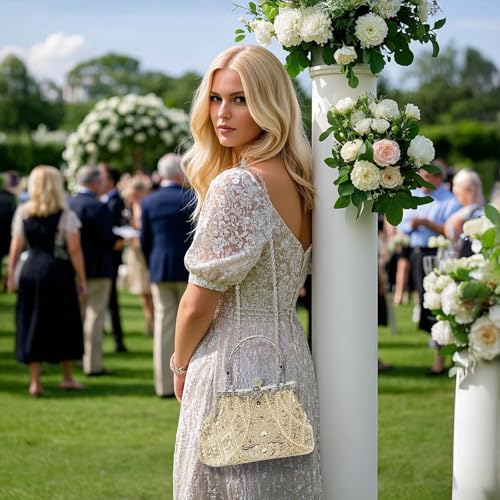 Image of WRINGKIT 1920s Vintage Evening Bag, Champagne Beaded Clutch Purse for Woman, Elegant Rhinestone Clutch Crossbody Bag with Sequin Pearl, Evening Handbag Shoulder for Formal Bridal Wedding Party Prom