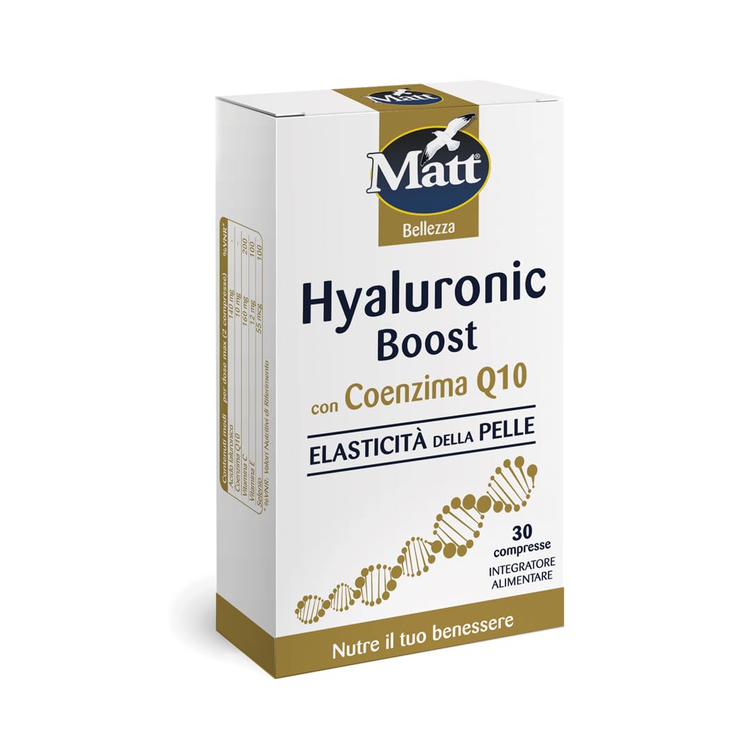 Matt, Hyaluronic Boost, Integratore Acido Ialuronico Compresse, con Coenzima Q10 e Vitamina C, Ideale per il Mantenimento dell'Elasticità e della Bellezza della Pelle, Confezione da 30 Compresse