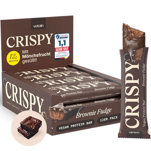 VETAIN Vegan Proteinriegel - Crispy Brownie - 12g Eiweiß pro Riegel - Mit Mönchsfrucht gesüßt - 100% natürliche Zutaten - Ohne Palmöl - Frei von Sucralose & Maltit - 12 x 55g 1