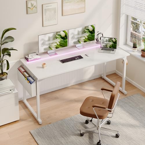 Image of DurayLoly 55 Inch White Computer Desk with LED Lights, Office Desk with Storage Bag for Home Office, Gaming Desk with Headphone Hook for Study Writing Work Desk,Sturdy Metal Frame