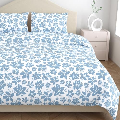 Image of Haus & kinder Double Bedsheet for Queen Size Bed | 90 x 100 Inches 144 TC Cotton Bedsheet for Double Bed with 2 Pillow Covers - Bluebell Whisper