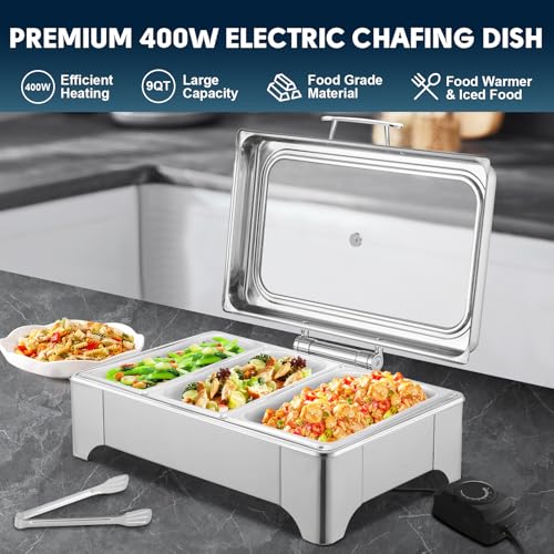 THXSUN Electric Chafing Dish, 3 x 3QT Size Electrica Food Warmer Roll Top Buffet Set with Air Vent, 400W 9 Heating Levels Electric Buffet Servers and Warmers with Glass Lid for Catering