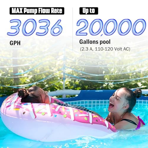 Sand Filter Pump for Above Ground Pool - 3036 GPH Max Pump Flow - 20,000 GAL Pools - Timer and 6-Way Valve