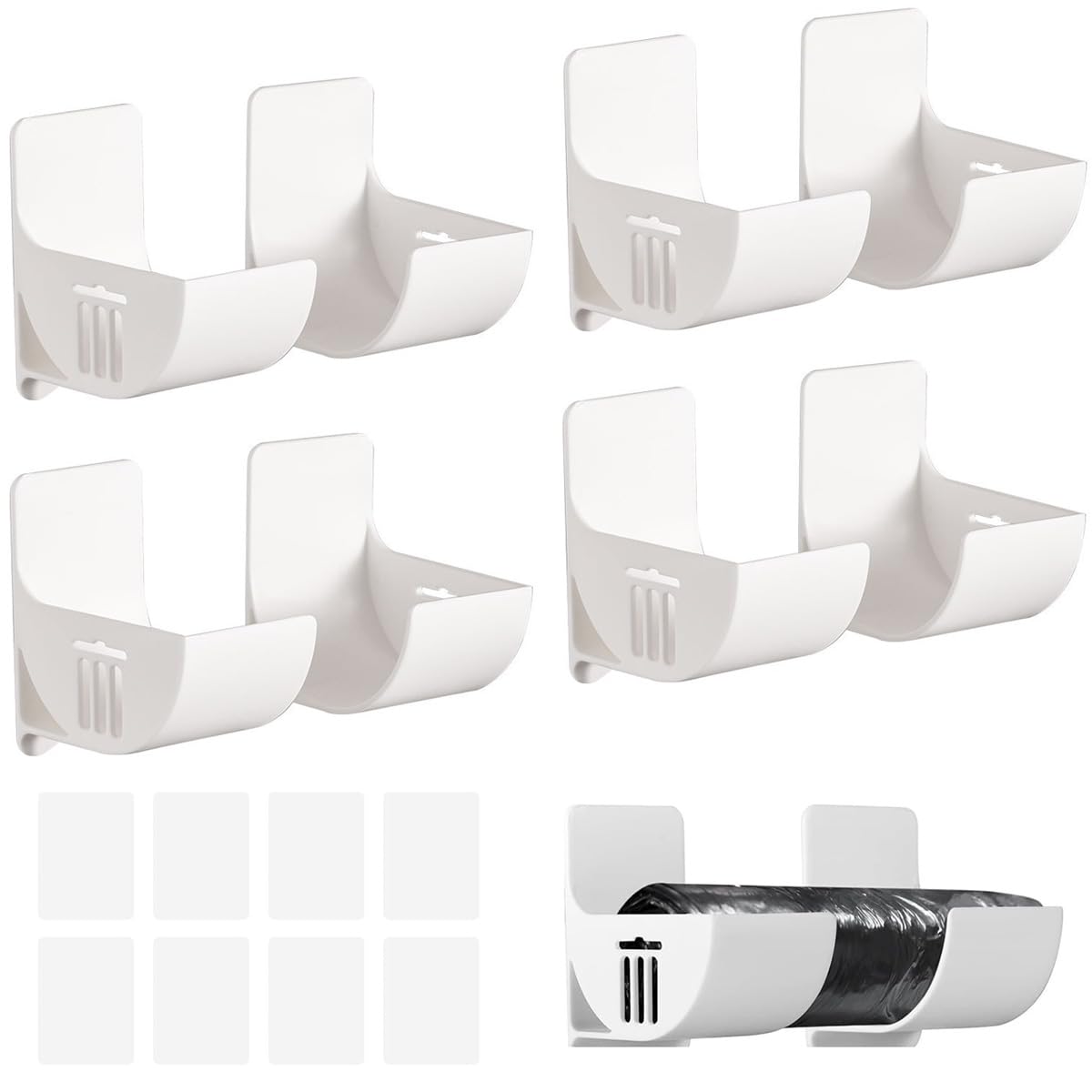 TAIHE 4 Pairs Bin Bag Holder Self-Adhesive, No Punching Plastic Bag Holder, Foil Dispenser, Wall Mounted Film Wrap Organizer for Tin Foil, Cling Film, TrashBag (White)