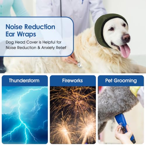 Image of Dog Calming Hoodie No Shake Dog Ear Wraps Water Resistant Ear Cover | Anxiety Relief Ears MuffsNoise Protection for Firework, Grooming, Thunderstorms, Swimming, Bathing, ArmyGreen L