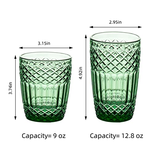 INSETLAN Vintage Green Drinking Glasses Set of 4 Large, Embossed Pattern Water Glassware, Vintage Glassware Glass Cups Set, Ripple Drinkware, for Water,Juice,Beverages,Cocktail,Soda (10 oz Green)