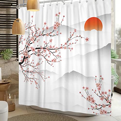 SDOTPMT 180x180cm Asian Cherry Blossom Shower Curtain Japanese Mount Fuji Peach Blossom Branch Bathtub Curtain Sunrise Mist Bathroom curtain for Bathroom Decor Fabric Waterproof with Hooks - Image 3