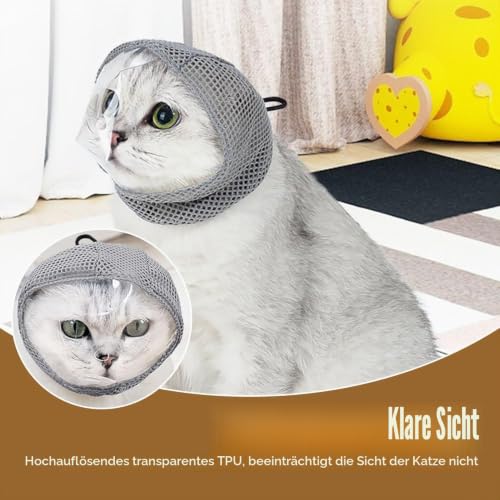 Katzen Maulkorb, Anti-Beißen und Anti-Lecken, Kopfbedeckung für Kätzchen, Atmungsaktives Netzgewebe, Durchsichtige Gesichtsmaske für Katzen, Fellpflege, Krallenschneiden, Baden