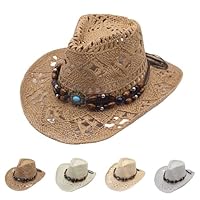 Straw Cowboy Hat, Cowgirl Hat Women/Mens, Wide Brim Straw Cowboy Hats, Breathable Hollow Out Western Sunhat for Women, Summer Beach Accessory for Travel Holiday, Summer Hats for Men