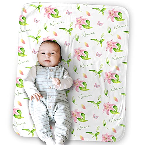 Personalized Lilies Blanket with Name for Baby Girl, Customized Baby