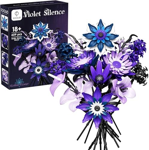 SOOLIO Dahlia Flower Bouquet Building Set for Adults, Valentines Creative Gift for Women Girlfriend Gothic Botanical Collection - Buildable Purple Artificial Floral for Home or Office Decor (609 PCS)