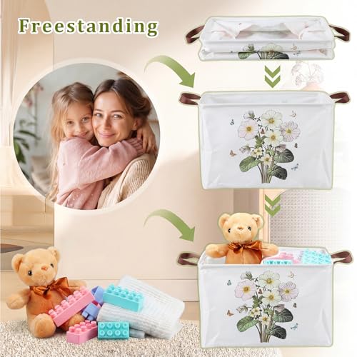 Image of Fourluoo 6 Pack Floral Storage Basket with Handles Clothes Storage Basket Bin Foldable Box Bins Organizer for Closet Shelf Nursery Kid Room Book Toy Chest(6,Wildflower)
