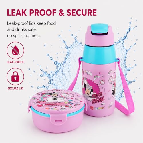 Image of CELLO Kidzbee Star Gift Set Combo for School Kids, Light Pink | 3D Touch & Feel Minnie Design Airtight Clip Lock Insulated Lunch Box 390ml with Leak Proof Flip Top Sipper Water Bottle for Kids Boys