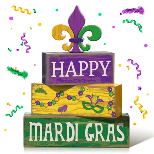 Image of Moucuny 4 Pcs Mardi Gras Decorations Mardi Gras Wooden Sign Carnival Table Centerpiece Carnival Tiered Tray Decor Decorative Faux Book Stack Block for Masquerade Party Fireplace Mantel Shelf