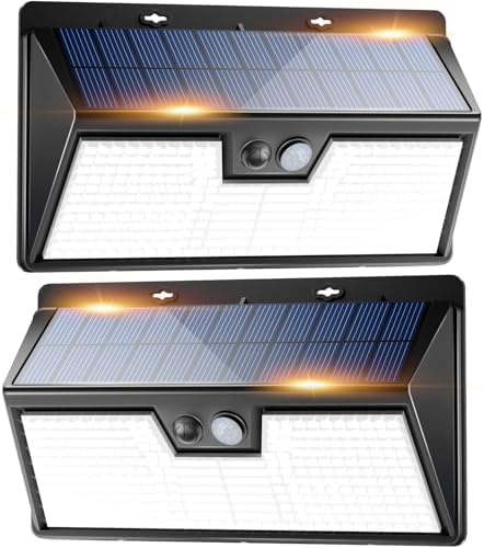 Peasur Solar Lights Outdoor Motion Sensor, 2 Pack 3 Modes 318LED Solar Powered Fence Wall Light IP65 Waterproof, Bright Solar Security Lighting for Outside Deck Yard Patio House Step Stair