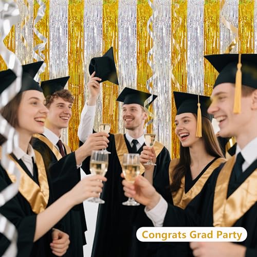 Image of BEISHIDA Gold Silver Door Streamers Backdrop Foil Fringe Tinsel Party Streamers Curtains Photo Backdrop - 2Pcs for Birthday Graduation Bachelorette Party Decoations