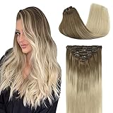 GOO GOO Hair Extensions Clip in Human Hair 14 Inch Ombre Ash Brown to Platinum Blonde Remy Human...