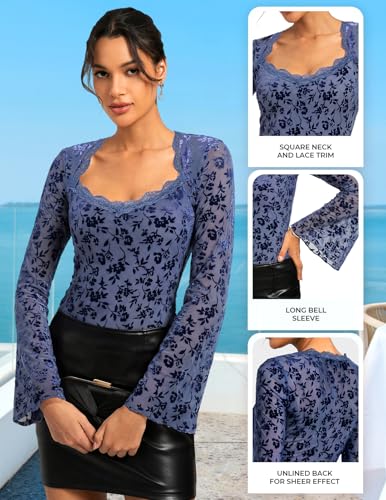 Kate Kasin Mesh Long Sleeve Tops For Women, Lace Gothic Date Night Outfits — view 3