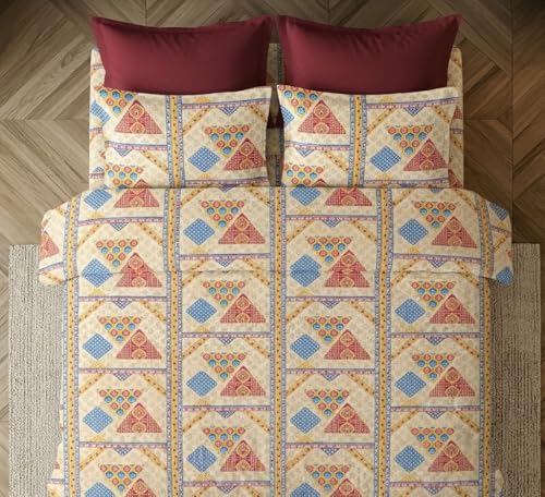Image of FRESH FROM LOOM Cotton King Size Bedsheet 108x108 Super King, 100% Pure Cotton Bed Sheet with 2 Pillow Covers, 240 TC Soft Breathable | Perfect for Home Decor, YellowRed, Size- 108x108 inch