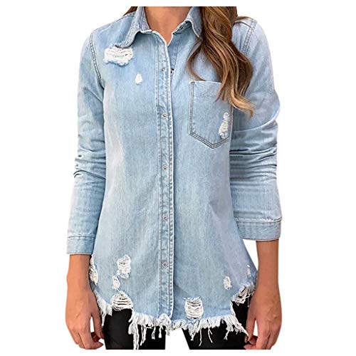 DIOMOR Fashion Ripped Frayed Denim Jacket for Women Casual Distressed Button Down Denim Shirt Lapel Jean Coat Outwear